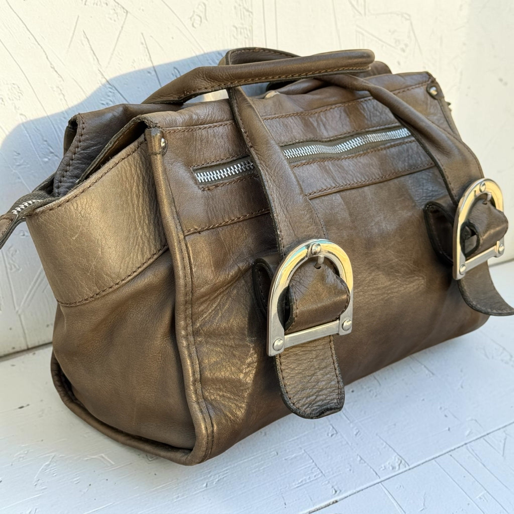 Sac Minelli Cuir Vintage Kaki Femme