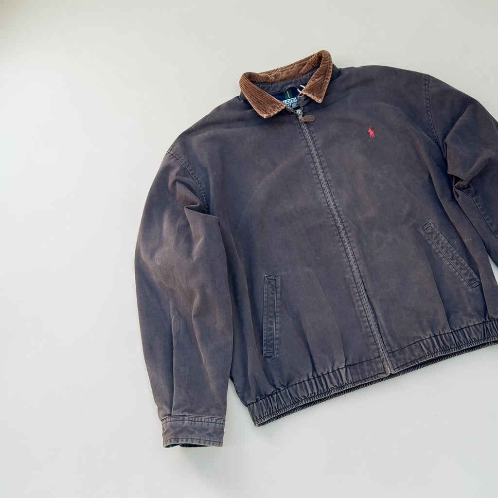 Veste Polo Ralph Lauren Harrington à col velours – Gris clair et marron – XL – Mixte – Vintage — vue principale