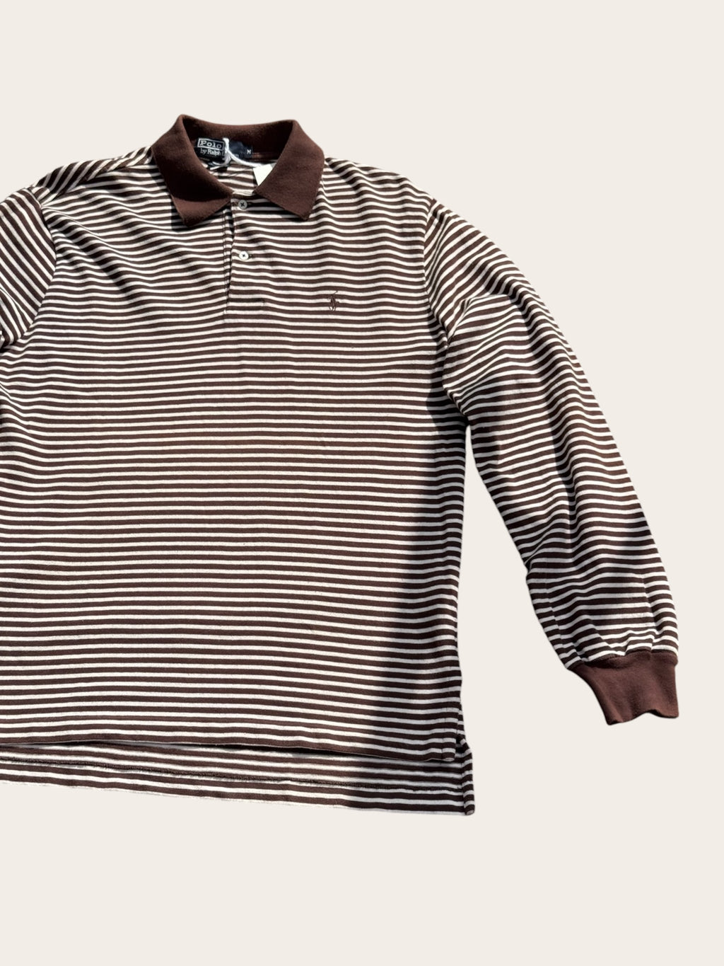 Polo Ralph Lauren rayé manches longues – Marron et blanc – M – Homme – Vintage — vue principale