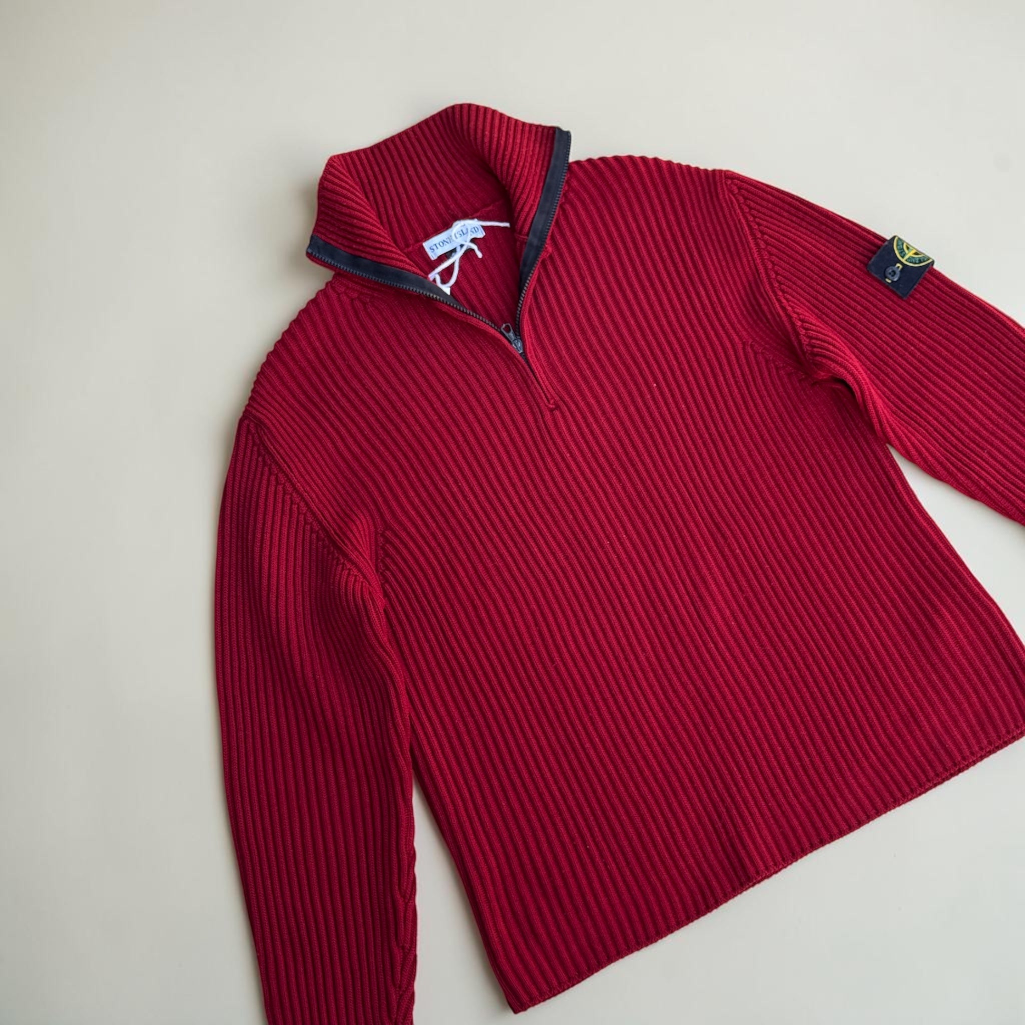 PULL STONE ISLAND ROUGE MAILLE CÔTELÉE ZIP – XL – VINTAGE – HOMME
