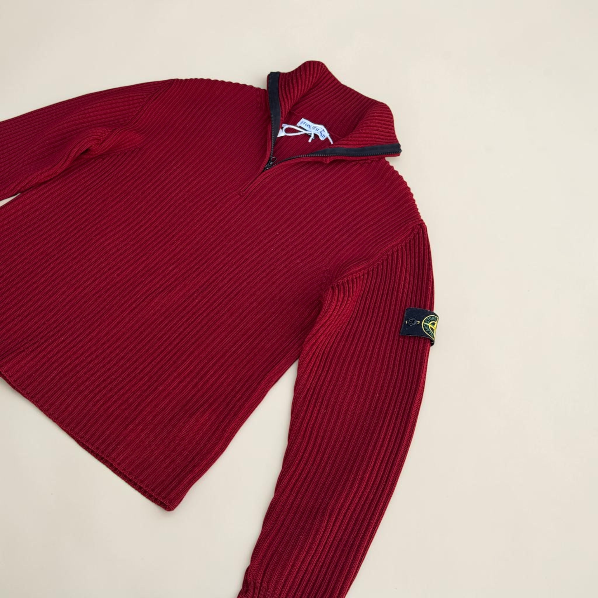 PULL STONE ISLAND ROUGE MAILLE CÔTELÉE ZIP – XL – VINTAGE – HOMME