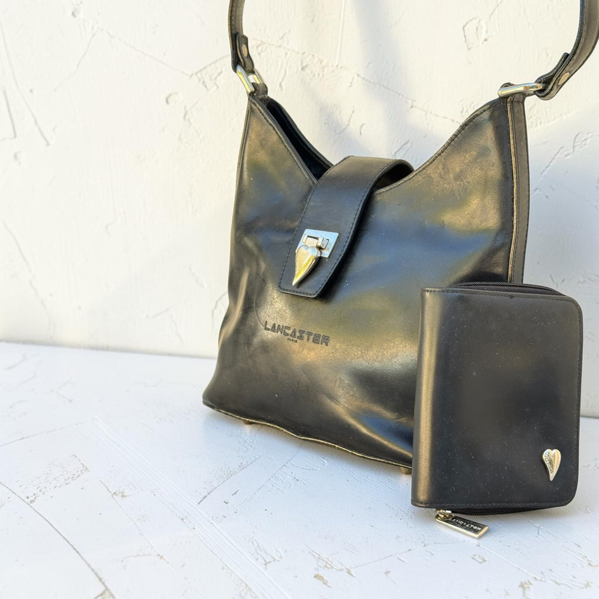Ensemble Sac Lancaster Paris Cuir Noir & Porte-Monnaie Femme