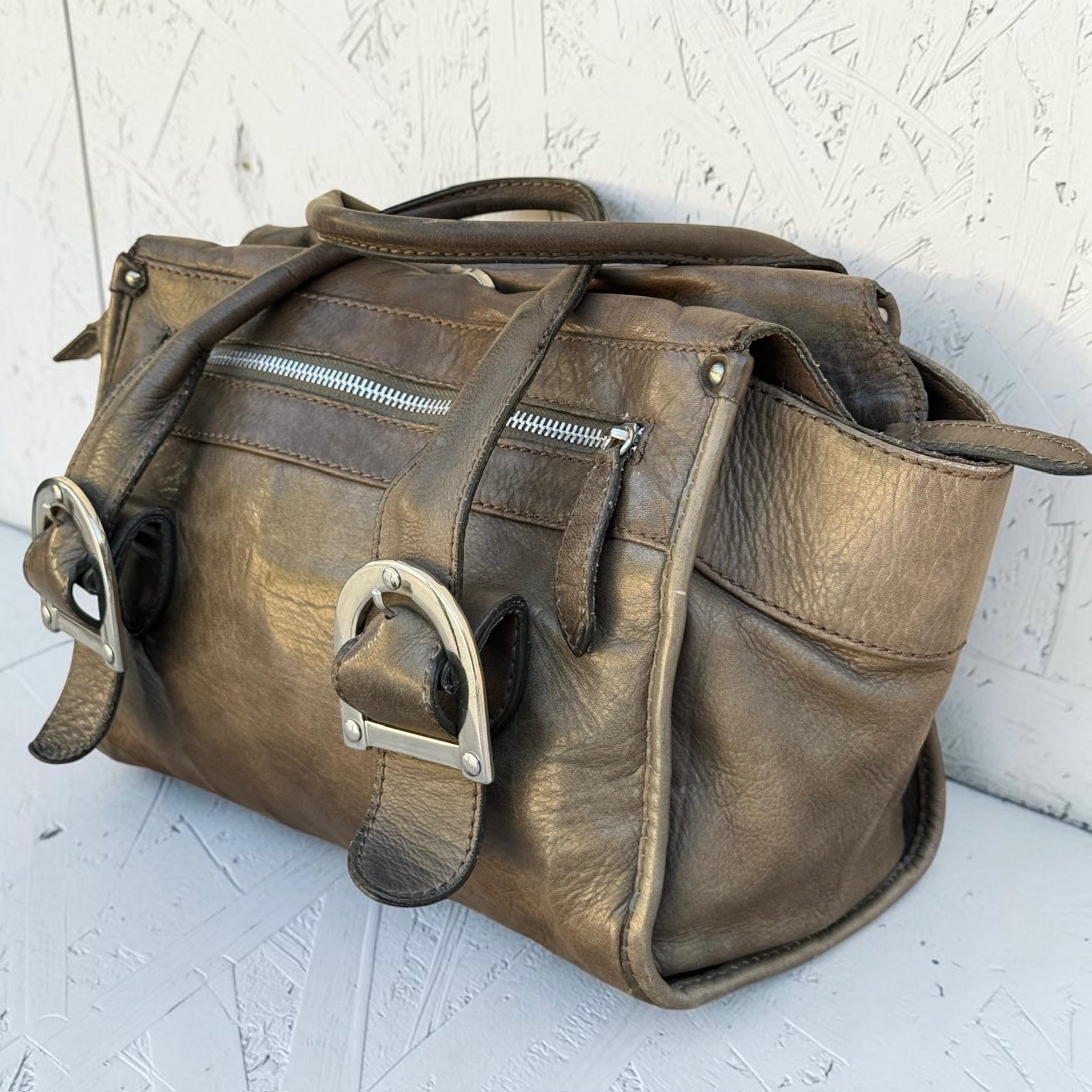 Sac Minelli Cuir Vintage Kaki Femme