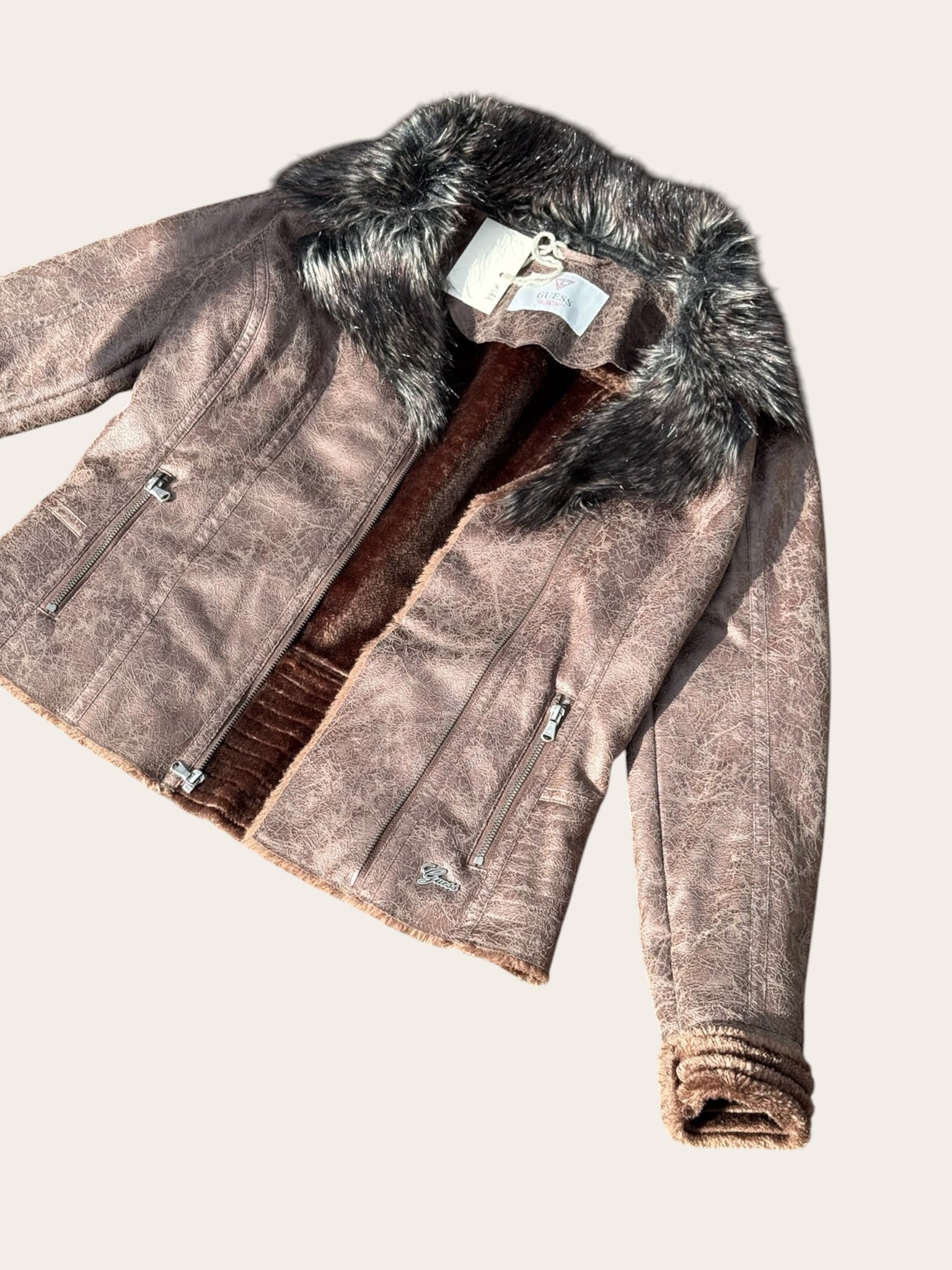 Veste Guess Femme M Marron Col Fourrure Y2K